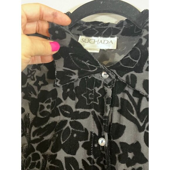 Suchada Burnout Floral Top M Black Preppy Western Boho Whimsigoth Classic 80s - Picture 7 of 11